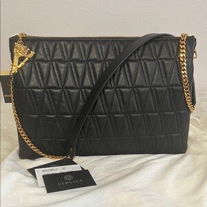 Versace Black Quilted Shoulder Bag with Gold Chain